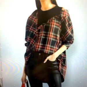 MAJE LAZAK DECONSTRUCTED ASYMMETRICAL PLAID  ATTACHED TANK TOP EXPOSED SHOULDER